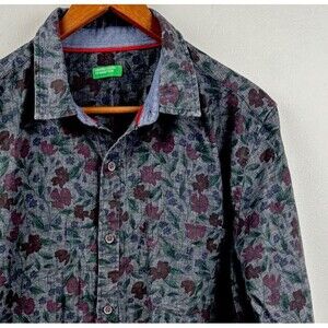 United Colors of Benetton Men Size Large Dark Floral Button Down Shirt L/S